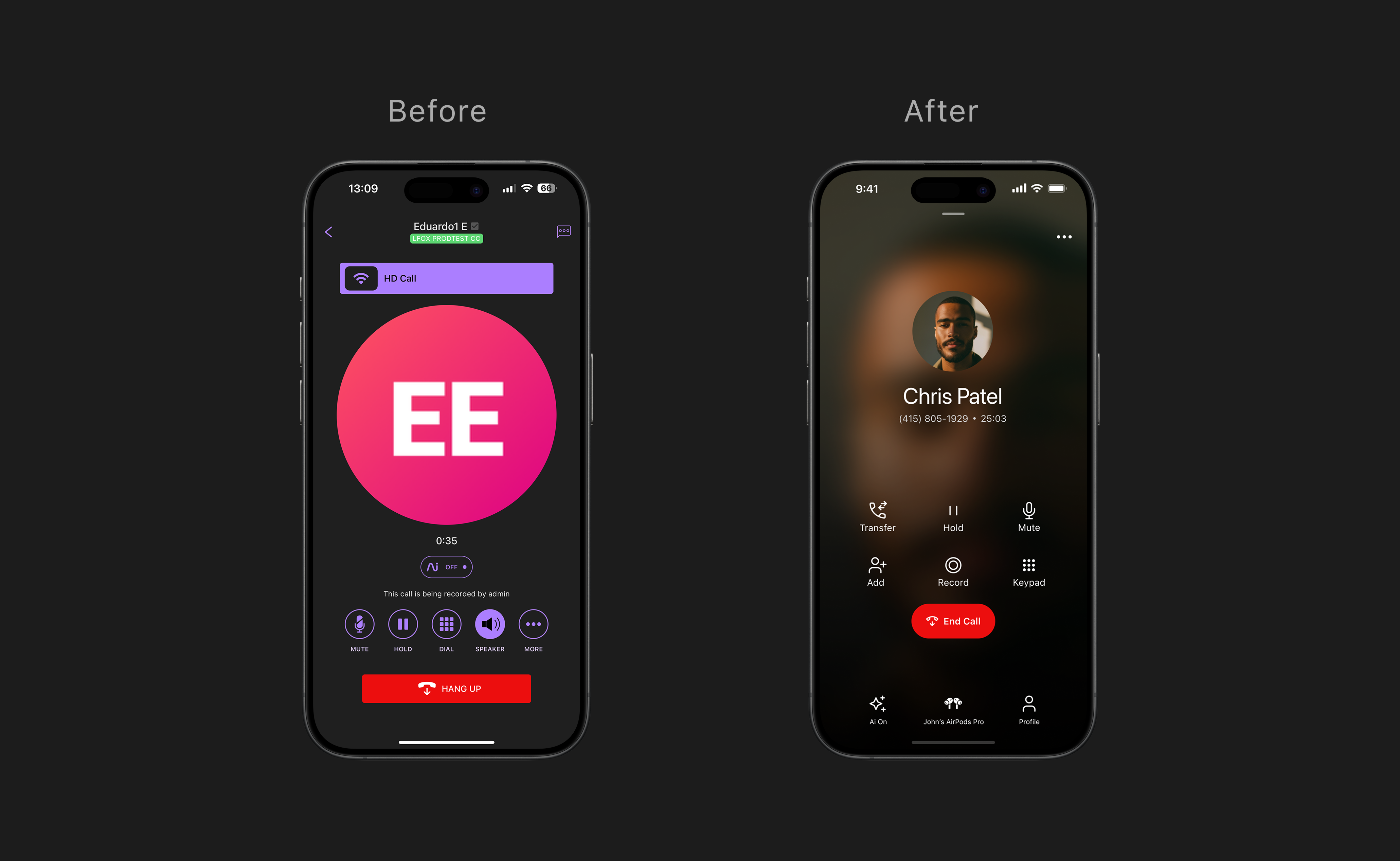 Before and after — Dialpad iOS calling interface
